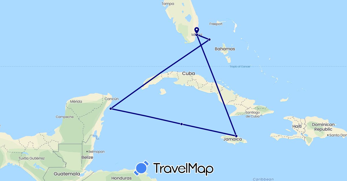 TravelMap itinerary: driving in Bahamas, Jamaica, Cayman Islands, Mexico, United States (North America)